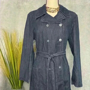 Talbots Double Breasted Jean Trench Coat Dress w/Waist Strap & Pockets Size 10
